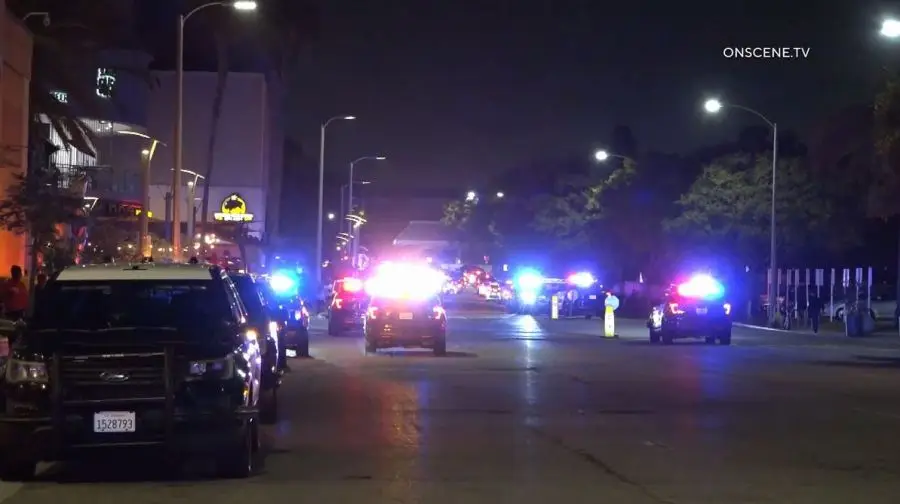 A disturbance involving a large crowd of juveniles shut down streets around the Del Amo Fashion Center in Torrance on Dec. 30, 2023. (OnScene.TV)