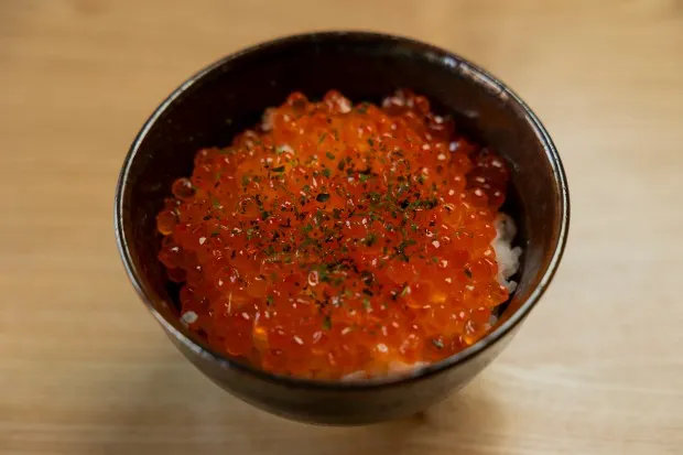 The Ikura rice bowl at Akahoshi Ramen in Chicago, March 28, 2024. (Vincent Alban/Chicago Tribune)