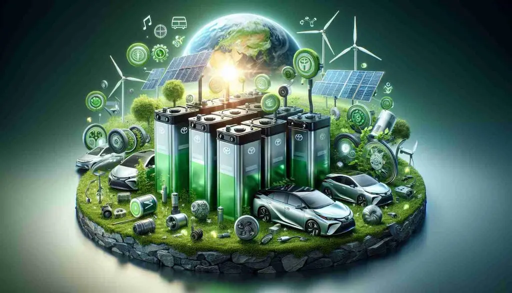 A realistic high-definition image showcasing the evolution of Toyota's electric technology. It features high-capacity, innovative batteries that represent the car manufacturer's commitment towards a sustainable, eco-friendly future. The batteries are displayed as a key component of Toyota's pioneering electric vehicles, underlining their groundbreaking nature and potential impact on the automotive industry. Around them, symbols of green energy and sustainability, such as wind turbines, solar panels, and green landscapes are blended, portraying the strong link between these advanced batteries and a cleaner, greener future.