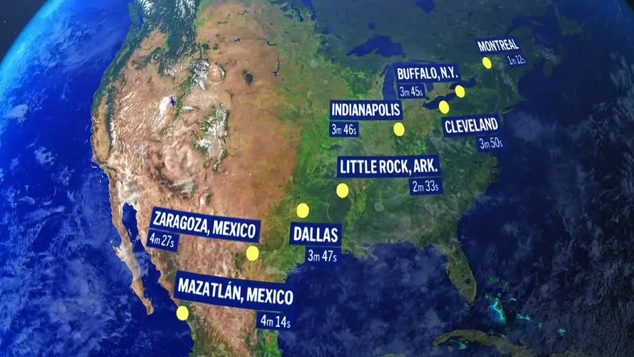 A total solar eclipse on Monday, April 8, will enter over Mexico’s Pacific Coast, dash up through Texas and Oklahoma, and crisscross the Midwest, Mid-Atlantic and New England before exiting over eastern Canada into the Atlantic.