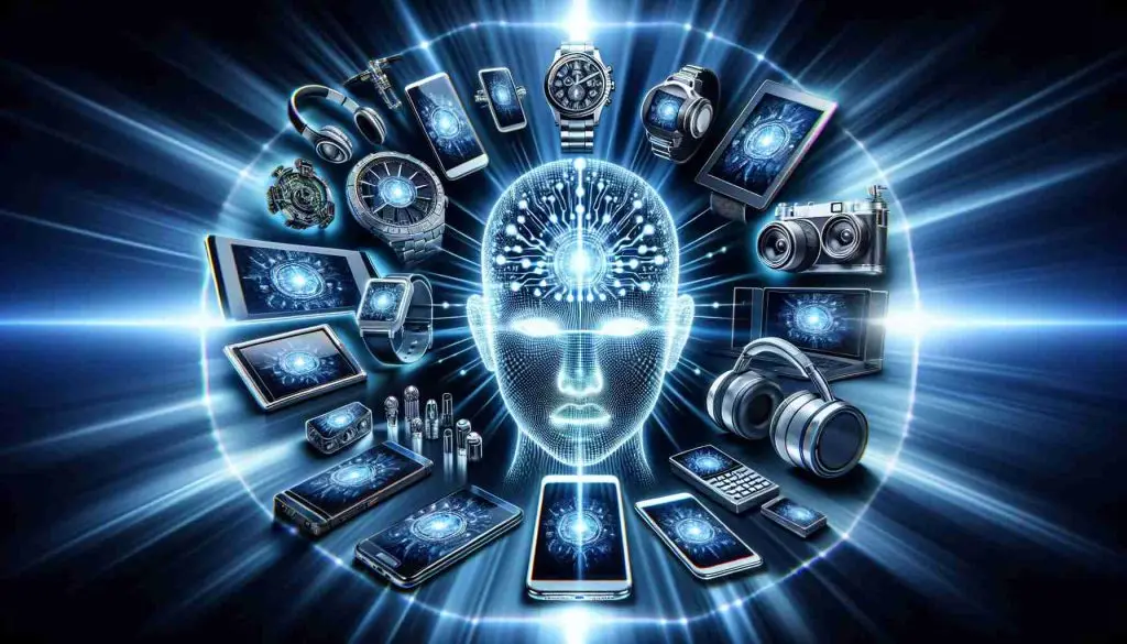 Generate a realistic, high-definition image representing the concept of artificial intelligence as an 'unseen quality guardian' embedded within modern gadgets and gear. Visualize this by showing several modern devices like smartphones, smartwatches, headphones, and laptops. Each of these devices could be radiating light or displaying a silhouette of advanced, elegant, futuristic technology symbolizing 'AI guardians' working silently within them.