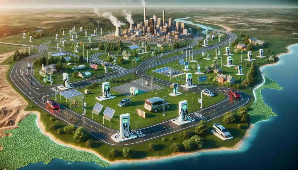 High definition, realistic image showing the expansion of electric vehicle charging infrastructure across regions in the United States. The picture should include a variety of charging stations with different designs, placed in various locations such as urban areas, rural landscapes, highways, and residential spaces. Include a map in the background for context, pinpointing the locations of these stations. Infuse the scenery with modernity and innovation, signifying the rise in technological advancements in the sustainability sector.