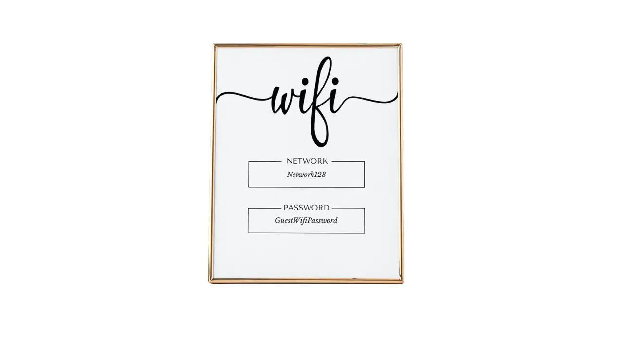 A framed sign with a wifi network and password.