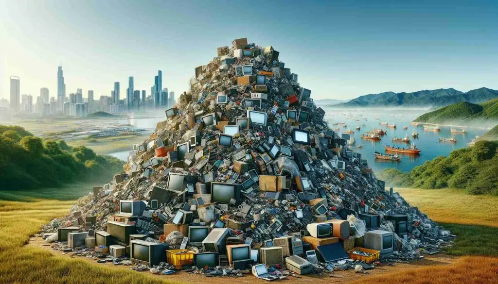 Please create a highly detailed and realistic image. The scenario should depict the global issue of electronic waste. Show mountains of discarded tech gadgets like smartphones, laptops, and TVs in different landscapes across the world - a city dump in the middle of a bustling metropolis, a field in the countryside, and a beach next to the ocean. The size of the piles should be large enough to suggest the enormity of the situation. The variety and number of electrical devices should be overwhelming, reflecting the severity of this environmental concern.