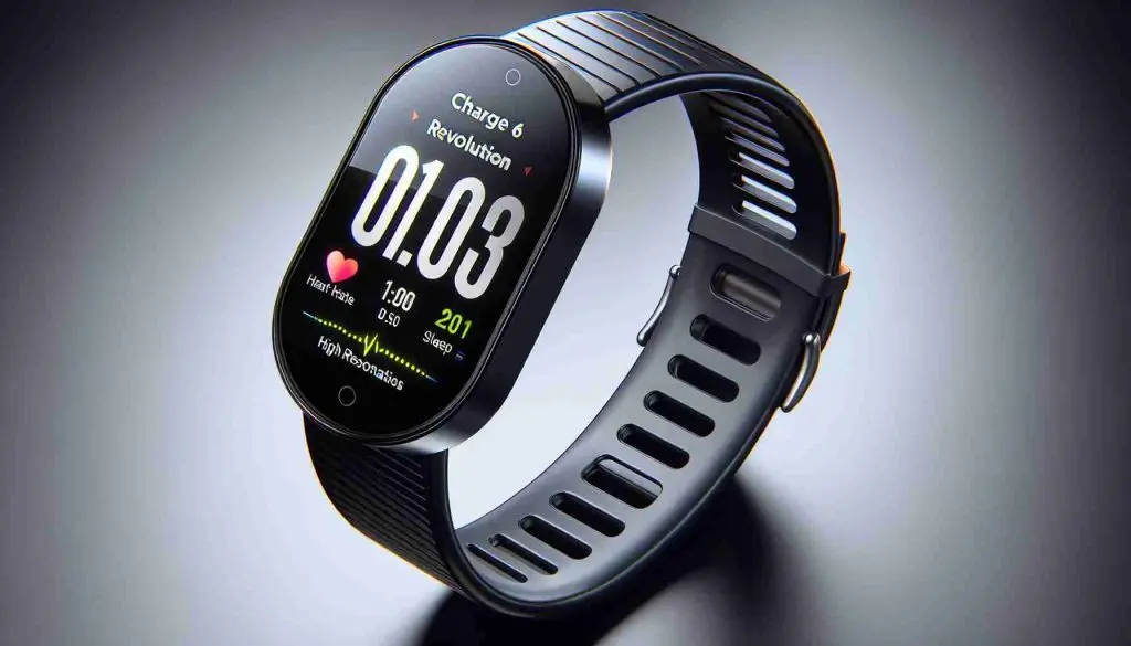 Generate a realistic high definition image of a modern fitness tracking device labeled as 'Charge 6 Revolution'. It should appear sophisticated, implying it is a gadget lover's dream deal. It should have a sleek design with noticeable features such as a high-resolution display, heart rate monitor, step counter, and sleep tracker.