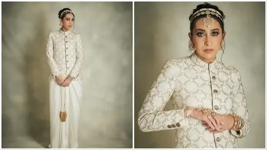 Add a modern twist to your celebrations by pairing your peplum kurta with dhoti pants. A kurta embellished with Maharashtrian motifs and designs adds to the festal mood and stands out in the celebrations. A Peshwani kurta accompanied by palazzo gives an elegant yet comfortable look. Ace it up with mojris and jewels that will make you look charming. (Instagram/@therealkarismakapoor)