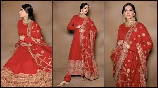 Lastly, women can opt for anarkali suits with traditional motifs. Its silhouette provides a flattering touch to your body. Pair it with statement earrings and heeled footwear for a classy look.(Instagram/@sonamkapoor)