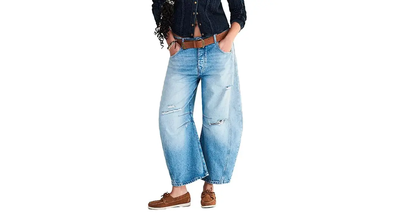 We The Free Good Luck Mid-Rise Barrel Jeans in Barnyard Blue.