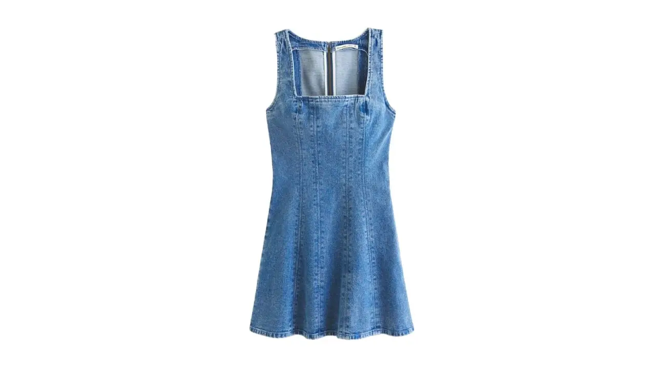 An Abercrombie & Fitch Denim A-Line Mini Dress on a white background.