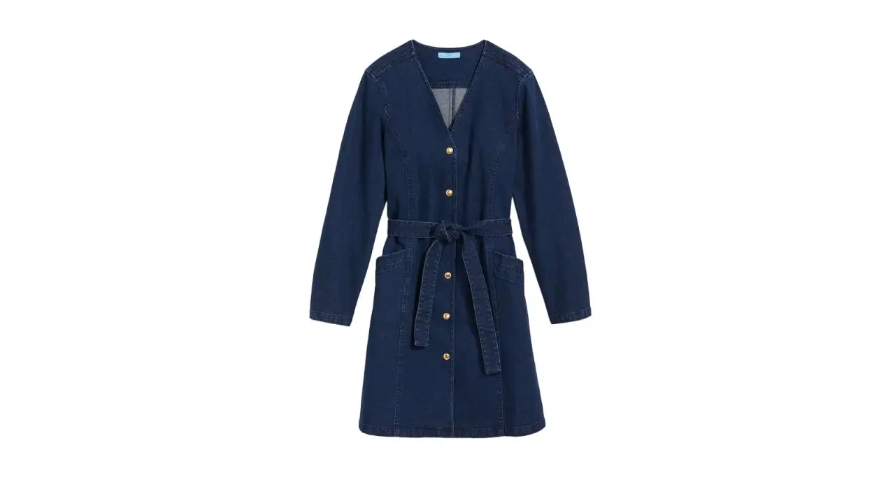 Draper James Colbie Snap Front Dress in Denim on a white background.