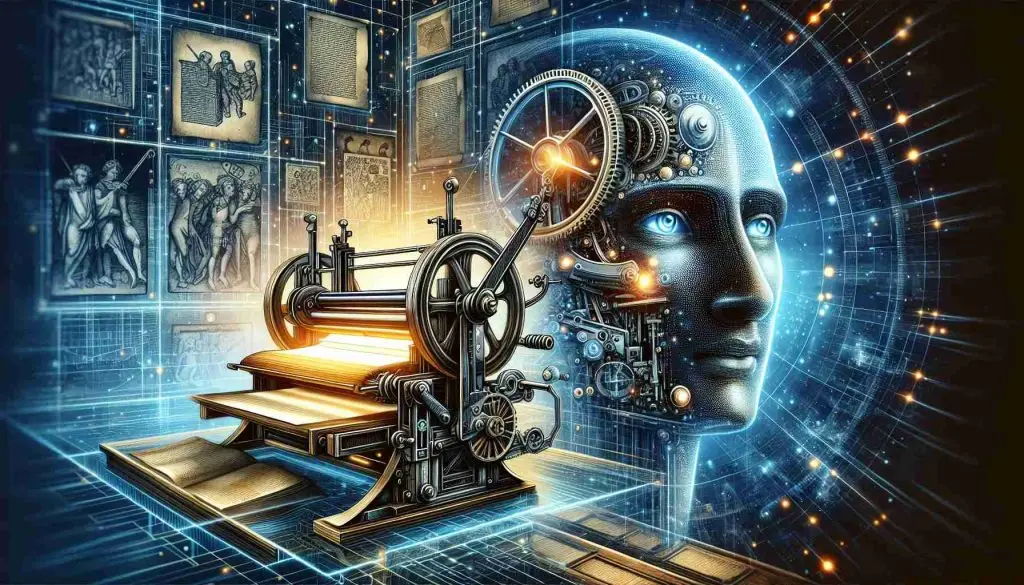 A realistic, high definition illustration representing the revolution of artificial intelligence, comparable in significance and impact to the invention of the printing press. Showcase a futuristic depiction of machines learning and processing information autonomously, while contrasted with a historical representation of the Gutenberg's printing press, embodying the monumental stride in communication and information dissemination. Ensure to effectively represent the leap from a physical, mechanical process to a digital, autonomous one, all underscored by the shared theme of innovation and knowledge spread.