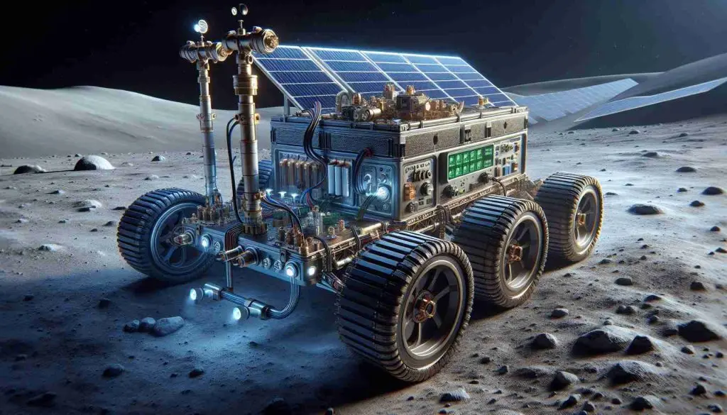 A high-definition, realistic image of general electric vehicle battery technology designed by a major automobile manufacturer. These batteries are marked by their superior power and efficiency which makes them suitable for space missions. The image specifically illustrates how they are used to power a lunar rover for a famed space agency's Artemis Missions. The lunar rover is equipped with solar panels and rugged wheels to maneuver the moon's surface. Details should include connection points of the battery with the rover, interface controls for managing power distribution, and perhaps the battery's internal components visible through a cutaway section.