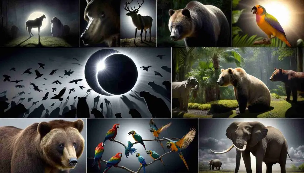 A high-definition, realistic portrayal of various animals reacting to a solar eclipse. Showcase different animal species residing in zoos scattered across North America, such as grizzly bears eyeing the darkening sky in curiosity, tropical birds chirping in midday darkness, and elephants becoming unusually still. The shadows cast by the eclipse dramatize the scene and the eerie darkness despite it being daytime imparts a surreal feel.