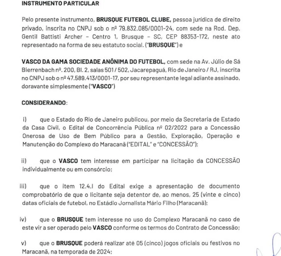 Cinco jogos do Brusque: documento anexado pelo consórcio vascaíno — Foto: Reprodução