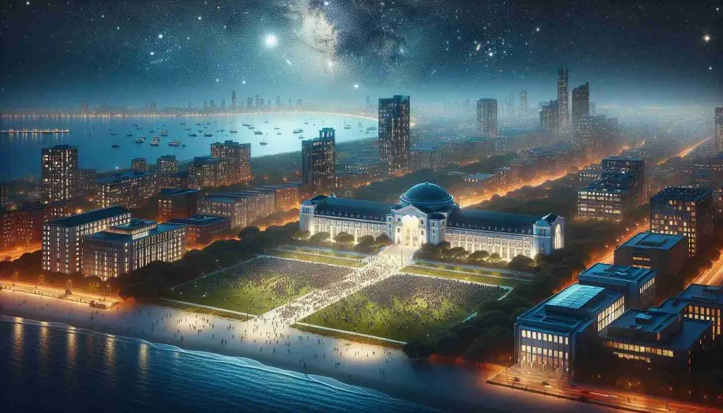 Realistic HD image depicting the concept of urban astronomy. The scene unfolds at a coastal city with seaside architecture, a diverse congregation of people gazing up, awestruck by the sight of stars twinkling through the veil of nocturnal city lights. The foreground is a vast university campus, exhibiting grand contemporary structures, signs of active student life, and lush green lawns. A clear night sky forms a perfect canvas for the stellar spectacle, underscoring the magic of astronomy amidst urban life.