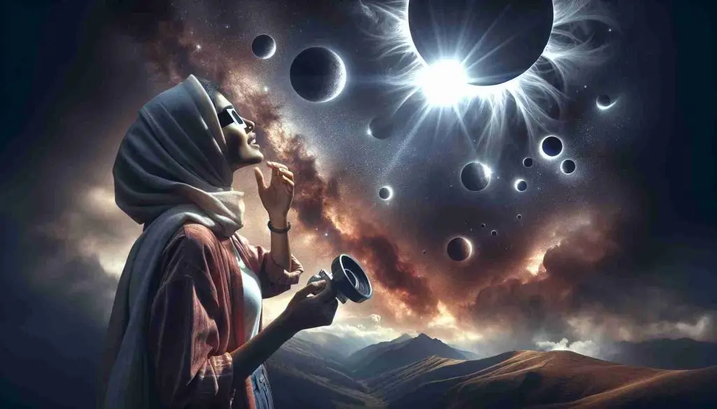 Create a hyper-realistic image in high definition of a South Asian female astronomy educator standing on a hilltop, gazing up with a look of exhilaration and keen appreciation in her eyes towards the unfolding spectacle in the sky. She holds an eclipse viewer in one hand, her other hand instinctively raised as if to touch the celestial bodies. Predominant in the sky is a mesmerizing solar eclipse, with the extraordinary silver halo of the sun enveloped in darkness by the moon, casting wondrous, serene darkness on the earth below.