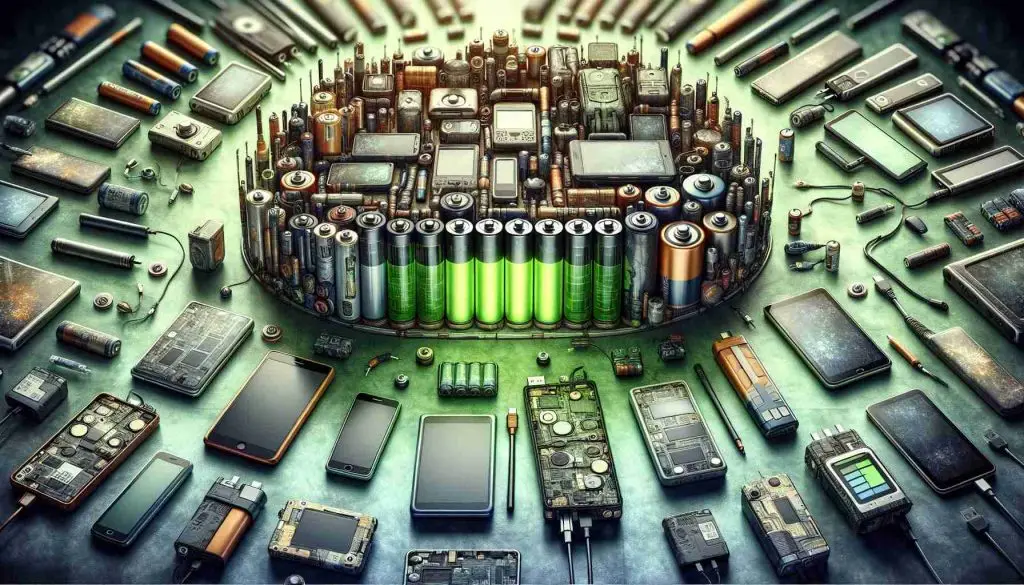 Generate a realistic HD photo representing the concept of 'Outliving Your Gadget: How Next-Gen Batteries Could Change the Game'. The image includes an array of modern gadgetry such as smartphones, laptops, and tablets, some with visibly depleted batteries and others working perfectly. Contrast this with a group of next-generation batteries that exhibit noticeably increased efficiency and durability. Tints of green to symbolize environmental sustainability could highlight the new batteries, suggesting a future where our devices outlast their power sources.