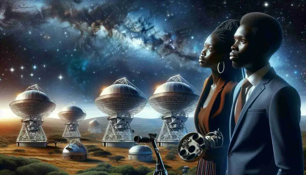 A realistic, high-definition image depicting Africa's emerging role in revolutionizing astronomy and space science. Illustrate large telescopes and observatories scattered across the African landscape against a backdrop of deep, velvety blue night sky painted with gleaming stars and galaxies. Include visual representations of African scientists, a male and female with Black descent, in the foreground, gazing up at the vast cosmos, possibly holding telescope equipment or astronomical charts.