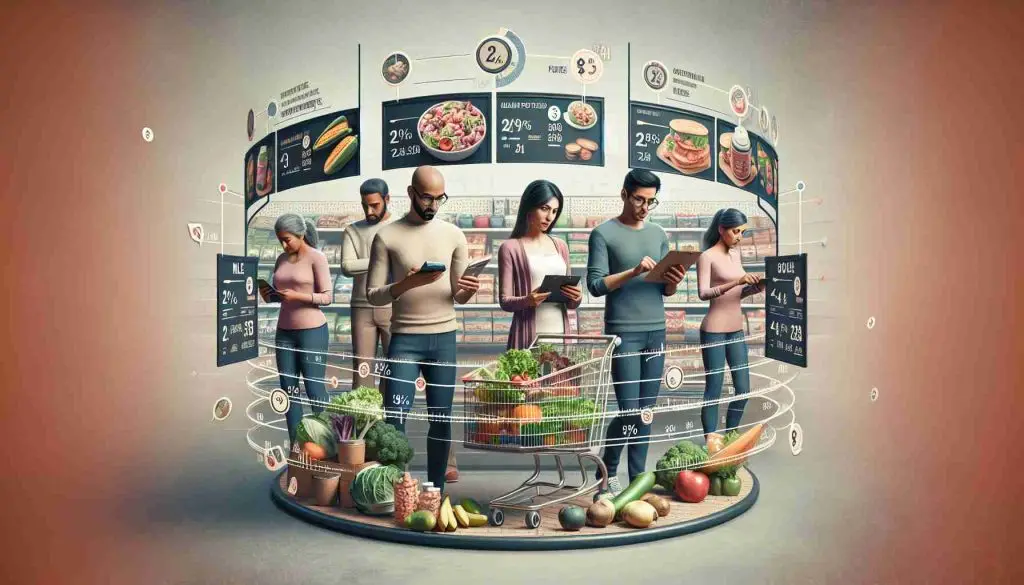 An HD realistic image displaying the concept of navigating healthy eating on a budget. Picture a grocery store scene where a diverse range of people are making cost-effective choices. Show a Hispanic woman comparing prices of fresh produce, a Middle-Eastern man looking at discounted lean proteins, and a South Asian couple considering a healthy meal plan listed on a flyer. Integrate symbols or signs of budgeting and financial planning, such as calculators or shopping lists. The overall atmosphere should portray the positive and attainable aspect of maintaining a healthy diet without spending excessively.