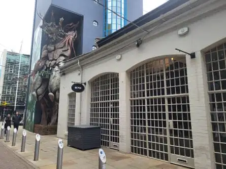 670 Grams at the Custard Factory, overlooked by the Green Man sculpture.