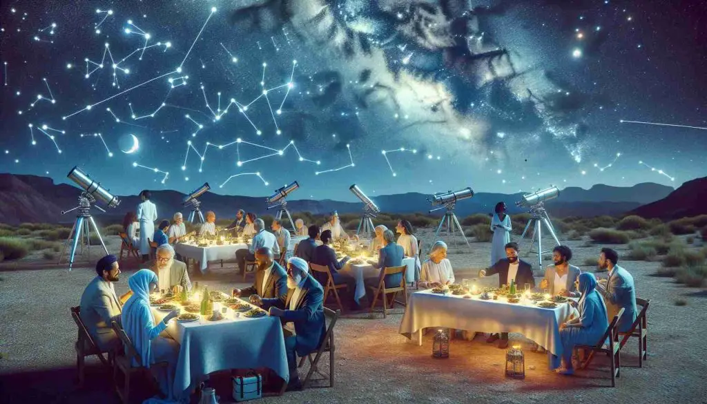 Generate a realistic high-definition image depicting an Astronomy night under the stars, hosted by a fictional astronomical society. The scene is set in a high desert landscape with guests dining under the clear starlit sky. Brilliant constellations are visible overhead, and telescopes have been set up for star gazing. Staff and guests, consisting of a diverse group of men and women from a variety of descents such as Caucasian, Hispanic, Black, Middle-Eastern, and South Asian, are scattered throughout, engaging in conversation, dining, and observing the cosmos.