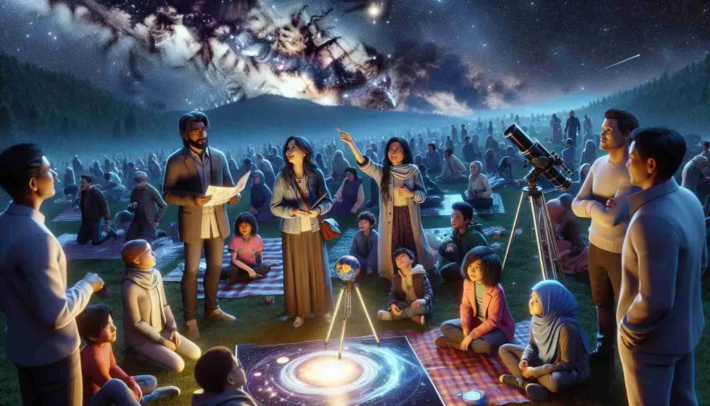 High-definition, realistic image of an event representing astronomy meeting community. The scene is set at night under the starry cosmos. A community of diverse individuals partake in a 'Star Party'. A Hispanic woman with a telescope points out constellations, a South Asian man with a star chart in his hand squints at the sky, while a Middle-Eastern child holds a glow-in-the-dark planet model. The crowd is excitedly engaged in conversation, while some are lying down on picnic blankets, gazing up at the Milky Way. In the center, a large, detailed slice of the cosmos is projected on a screen.