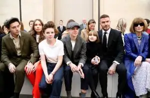Brooklyn Beckham, Hana Cross, Cruz Beckham, Romeo Beckham, Harper Beckham, David Beckham and Anna Wintour in the front row at the Victoria Beckham Fall RTW 2019.