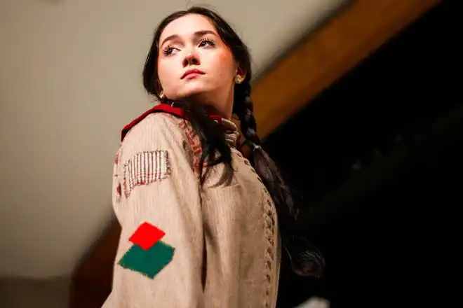 Sophy Poole models a block print shirt designed by Lyra Cafer during Stephens College's 80th annual fashion show, “The Collections,” Saturday, April 13 at Windsor Auditorium in Columbia.