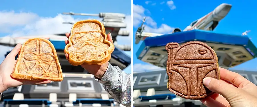 A two-photo collage with the Darth Vader and Stormtrooper waffle on the left, and the Boba Fett Shortbread on the right.