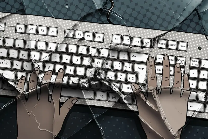 A graphic of a keyboard with two hands typing