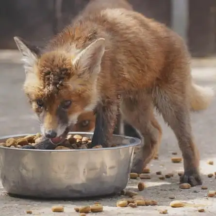 Skippy, a skinny fox, eats from a huge bowl of food