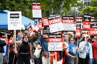 Members of the Writers Guild of America (WGA) demonstrate in front of Walt Disney Studios in Burbank, California, in May last year. EPA