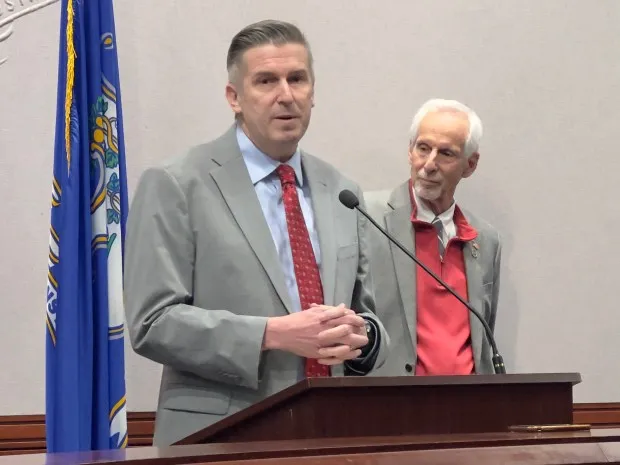 Sen. James Maroney is among the leading authorities in the legislature on artificial intelligence. Here, he speaks at a press conference to urge the passage of legislation that would regulate artificial inteligence and decision-making algorithms.