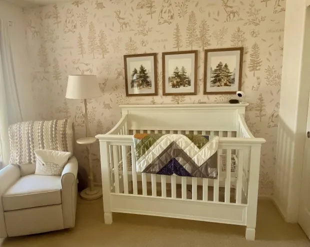Peel-and-stick wallcovering, such as this Gunnison wallpaper from Loomwell, offers an easy, affordable way to decorate this nursery.(Courtesy Marni Jameson)