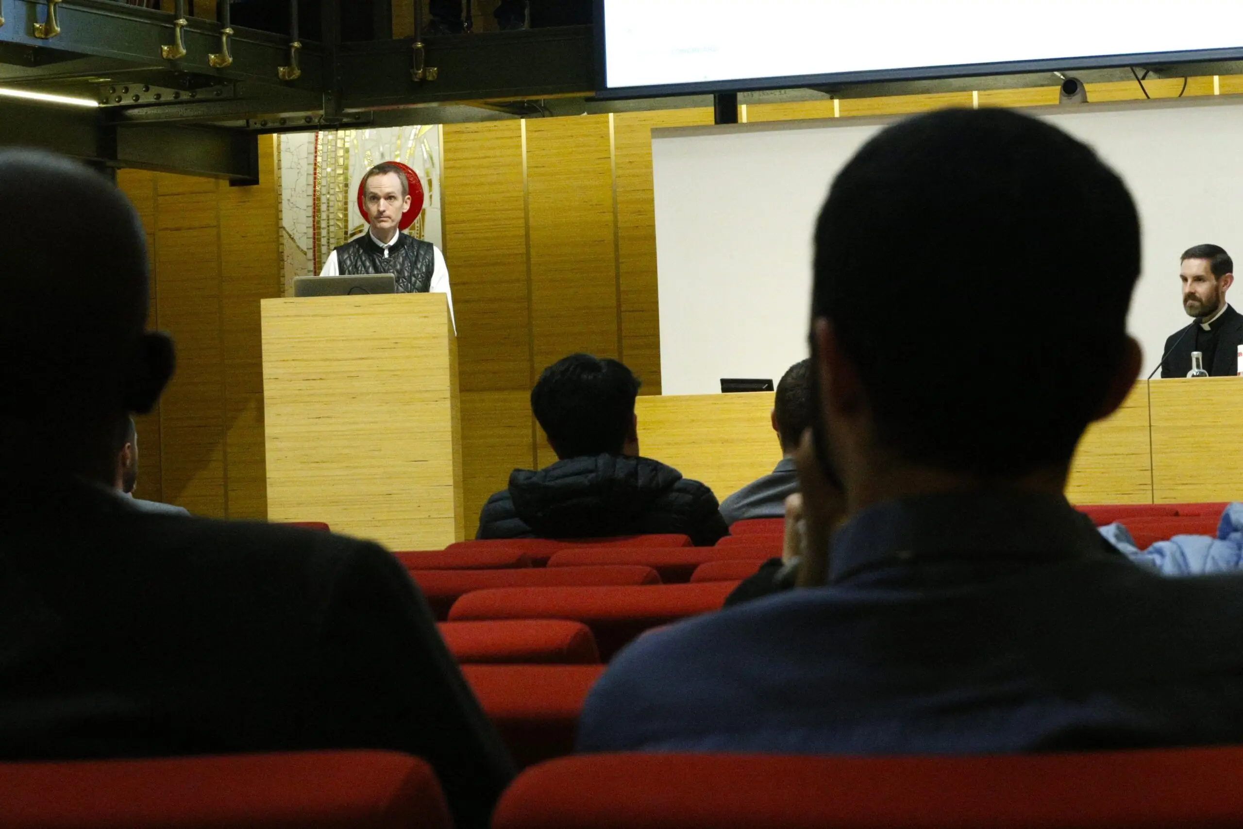 Matthew Sanders speaks at a forum at the Pontifical Oriental Institute.