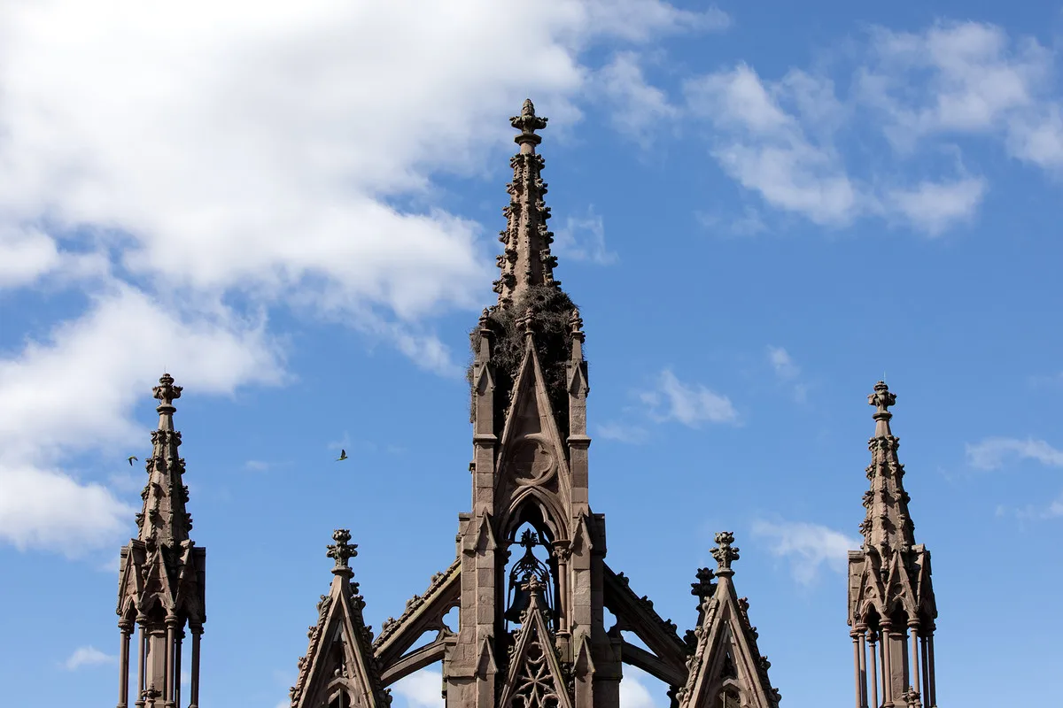 A Gothic metal and stone gate with several spiky towers is topped by a large bird’s nest.