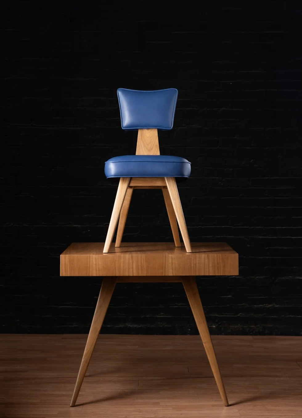 a chair with a blue cushion