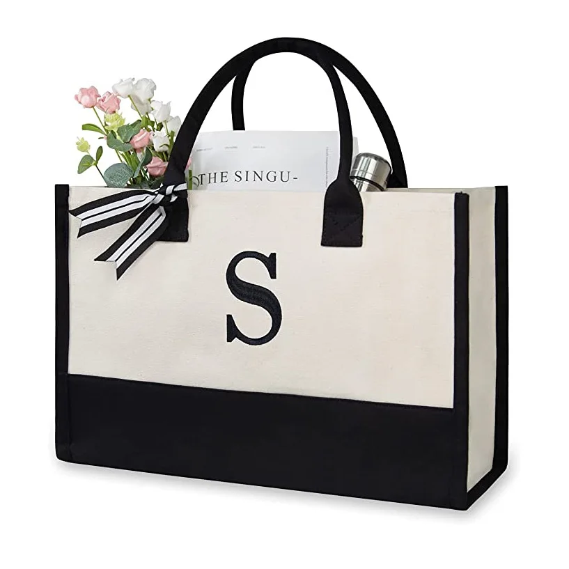 TOPDesign Embroidery Initial Canvas Tote Bag