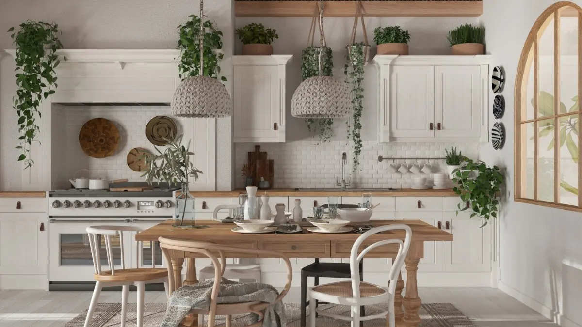 Kitchen with wooden chairs and table, plants.