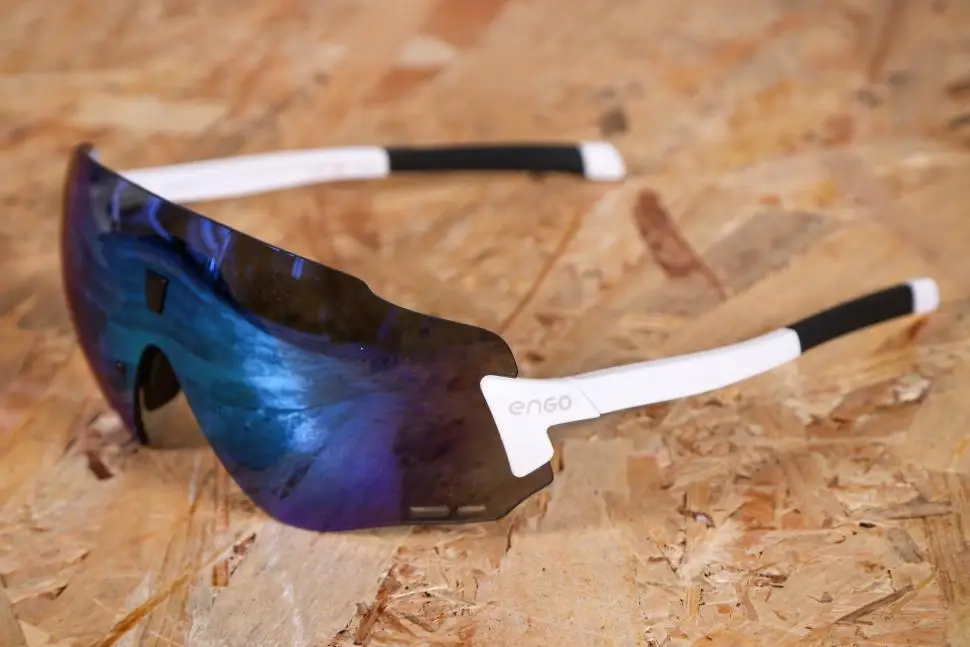 cycling glasses with white frame and blue lens