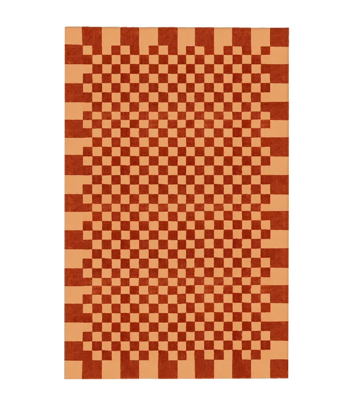 a hand-tufted rug with a checkered pattern 