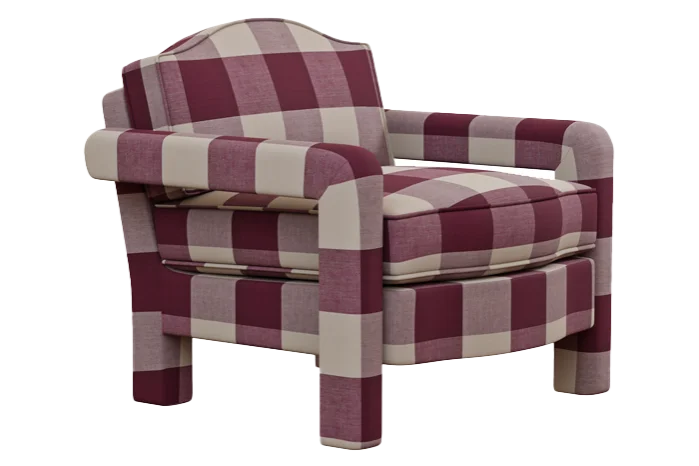 an upholstered armchair with a cotton checkered fabric cover