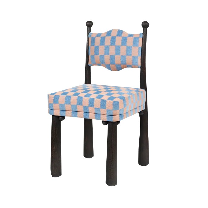 a chai with backrest and seat with a checkered pattern