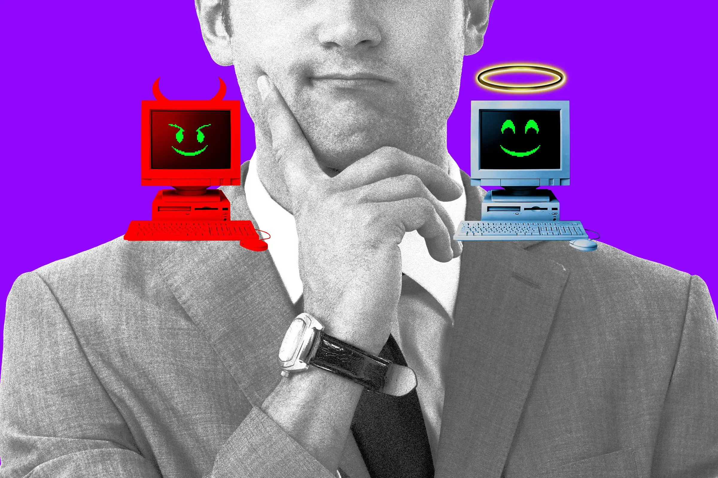 Collage of a person in a suit choosing between a devil computer and an angel computer.