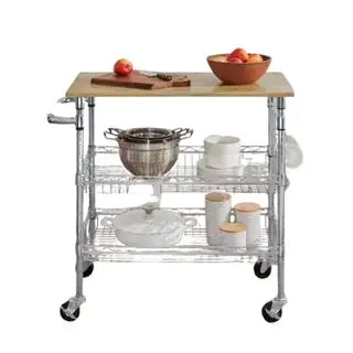 Metal rolling kitchen cart with wooden top