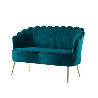 Teal velvet loveseat with scalloped back and gold legs