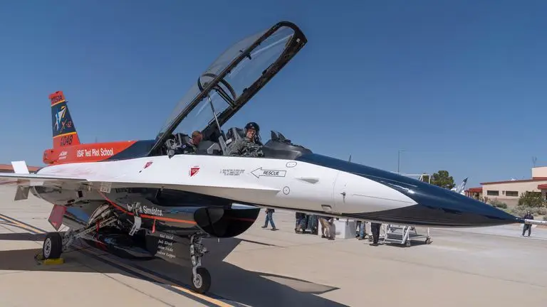 Air Force Secretary Frank Kendall in the front cockpit. Pic: AP