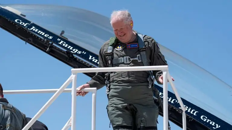 Air Force Secretary Frank Kendall after flight Pic: AP