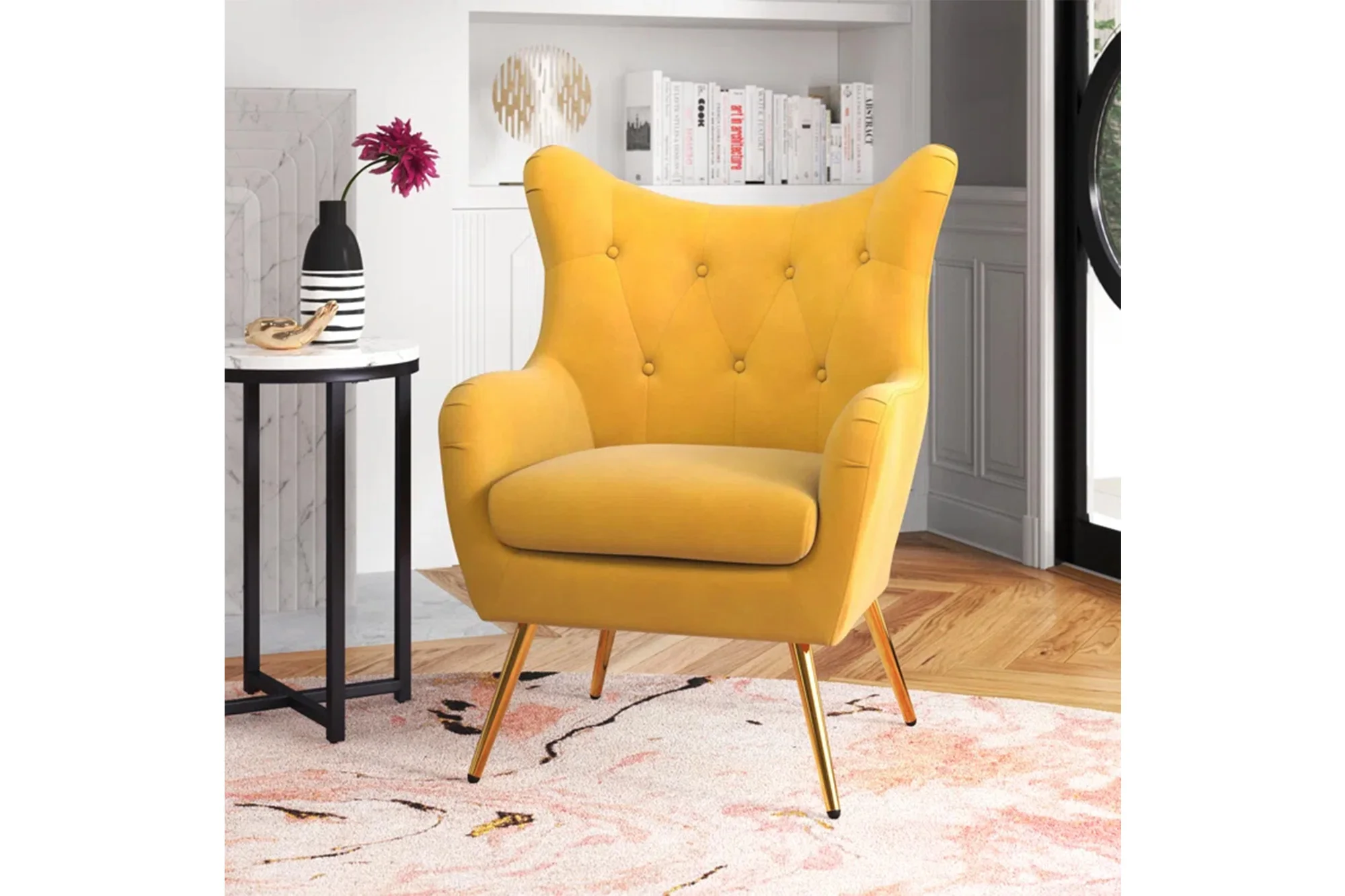 A yellow wingback chair