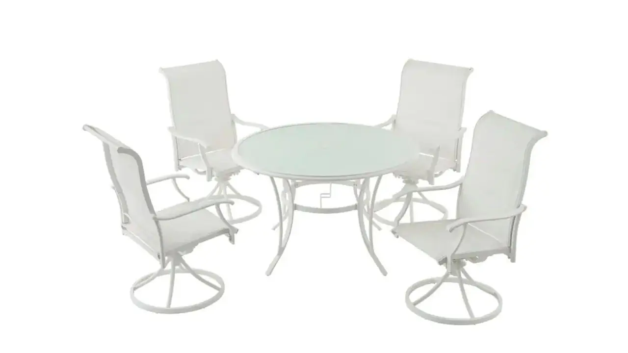 Riverbrook Shell White 5-Piece Outdoor Patio Aluminum Round Glass Top Dining Set with Padded Sling Swivel Chairs .jpg